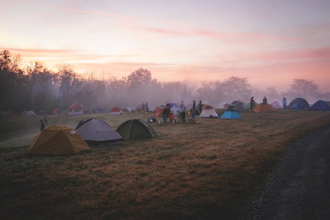 Tents cover a hill in the morning showing the power of camping.