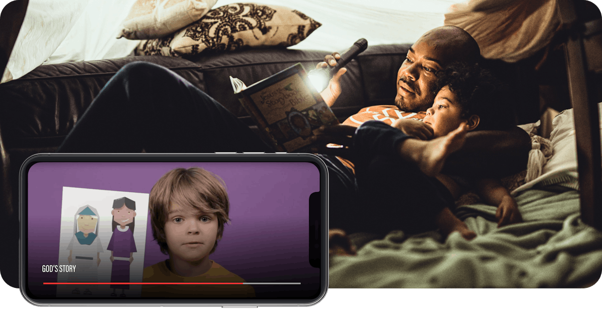 Image of a father and son reading the bible and a phone screen of the kids’ club content from Crossroads Online Community.