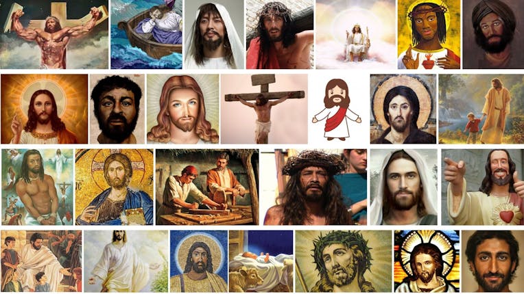 compilation of different images of Jesus to represent the many ideas we have about who Jesus was and who he represented