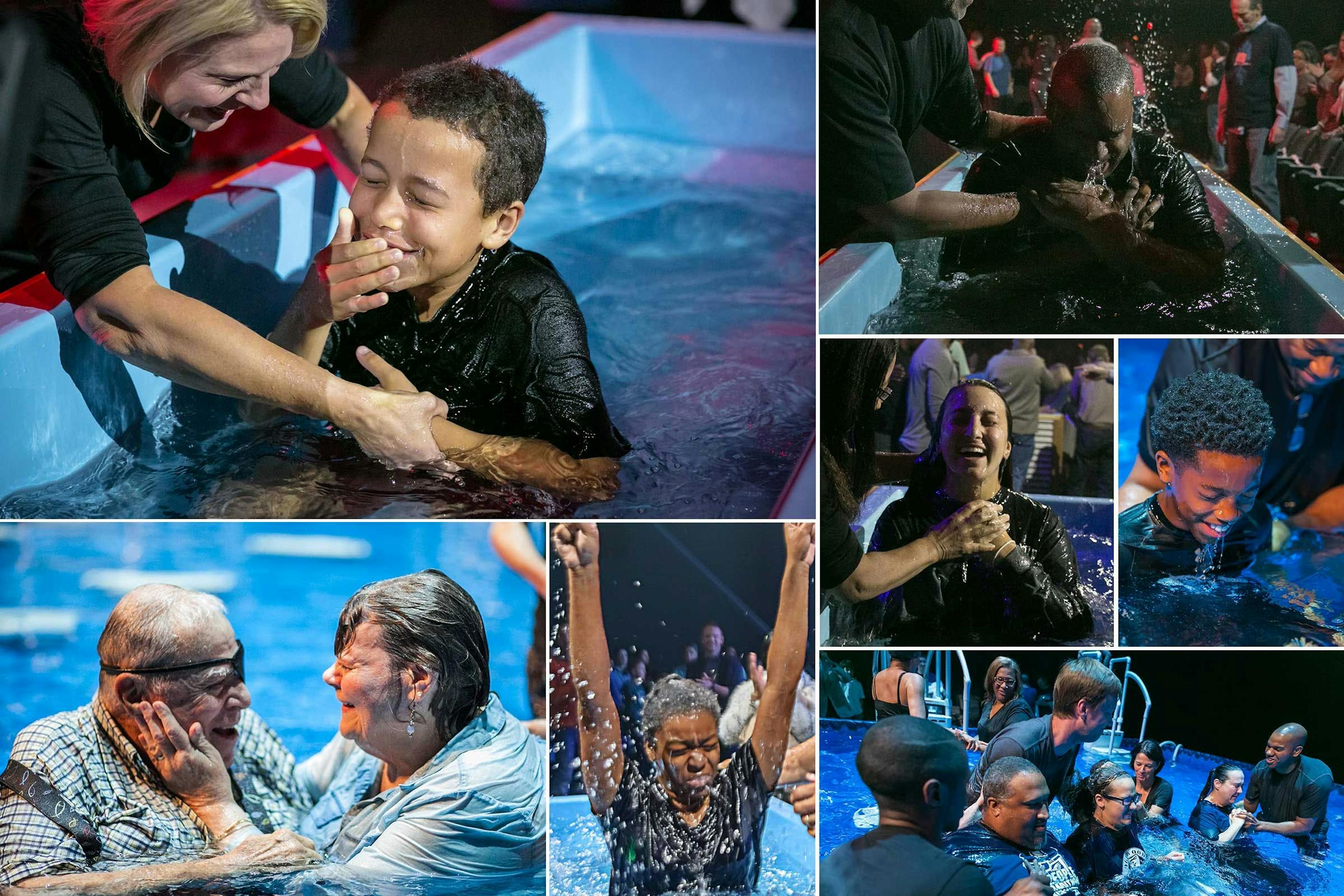 collage of people who have accepted Jesus and are being baptized